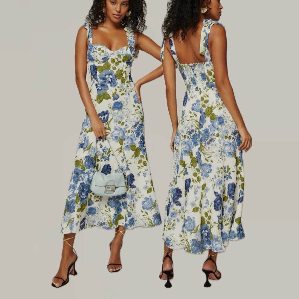 REFORMATION Nadira Lucca Floral Pattern Sleeveless Midi Dress (Blue/Cream/Green) - Picture 3 of 16